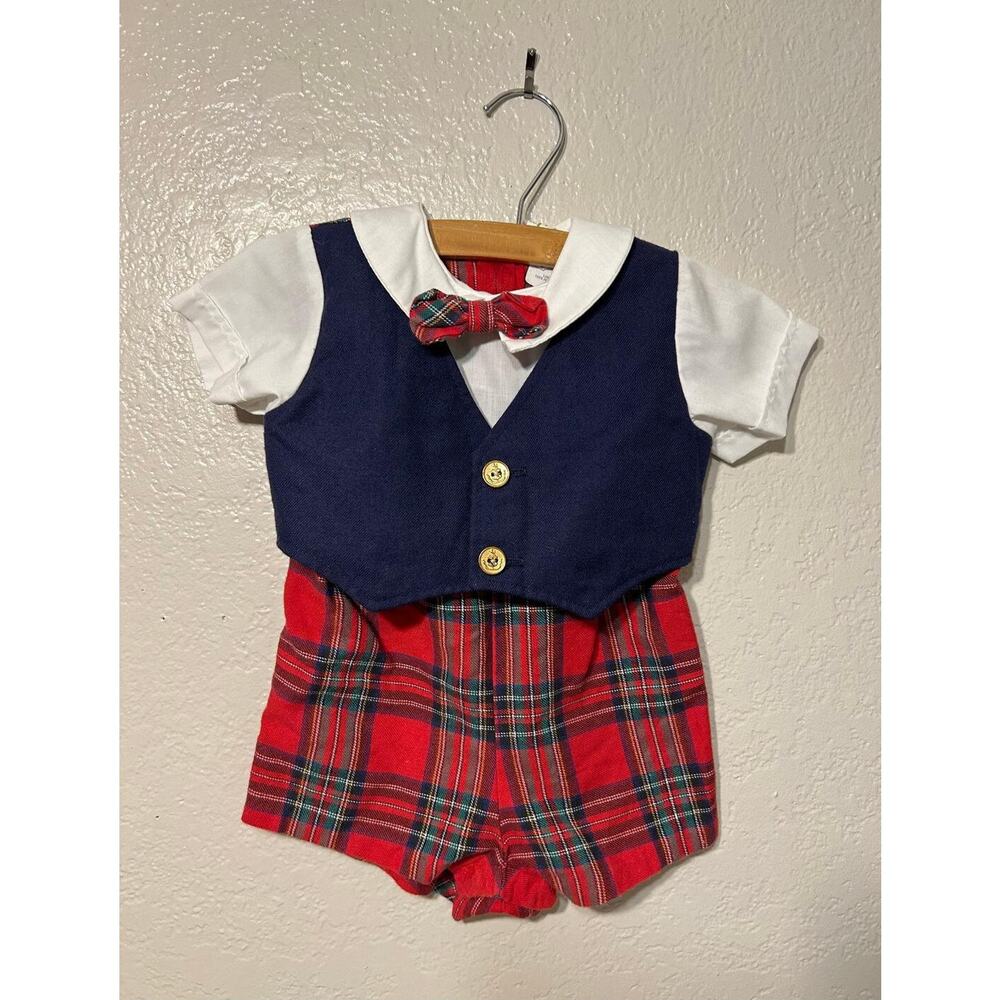 Vtg Infant “Good as Gold" Plaid Holiday Bow Tie Shorts Suit Jumper, 12 months